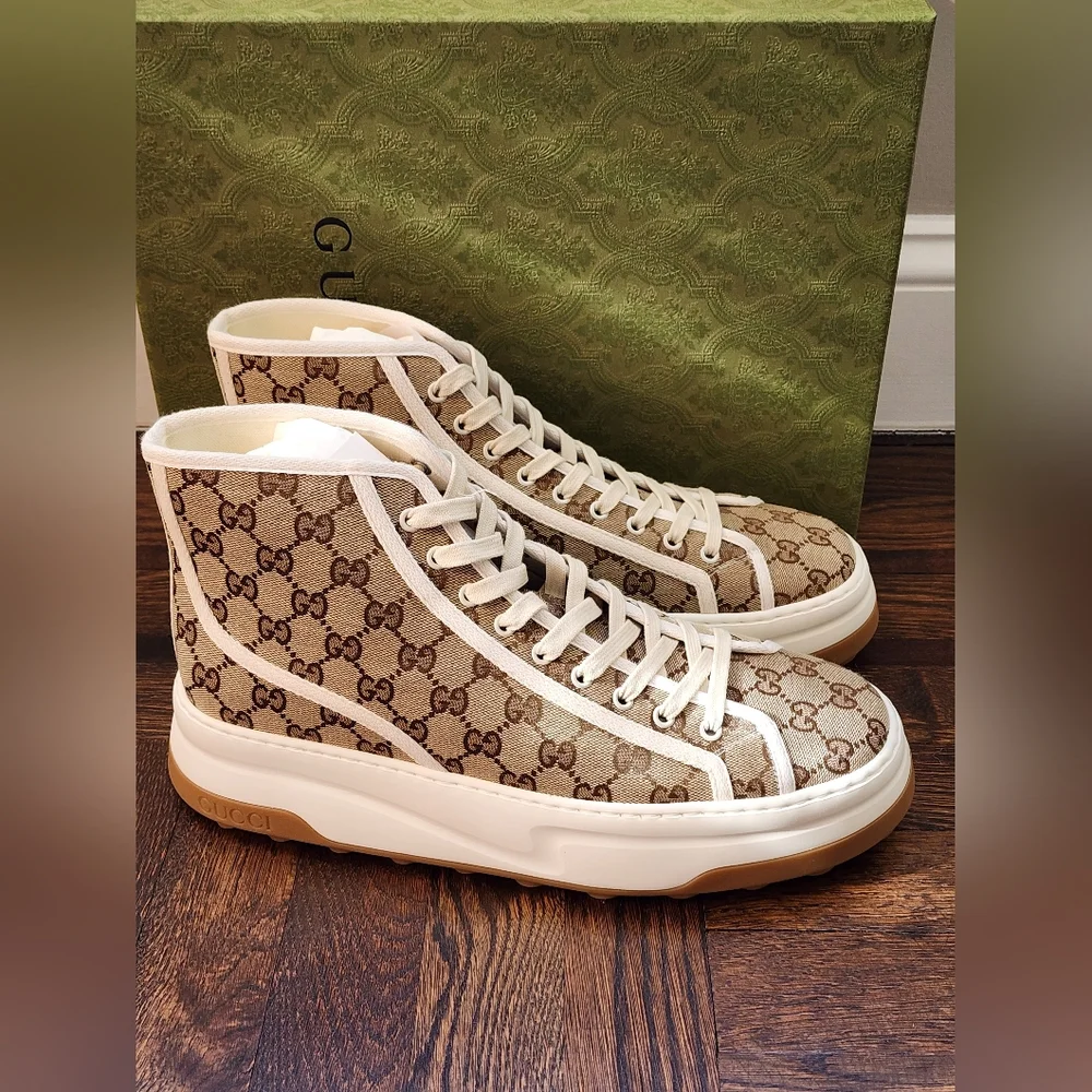 $1150 Brand New Gucci Men High Top GG Canvas Platform Sneakers G 12 US 13 Beige
